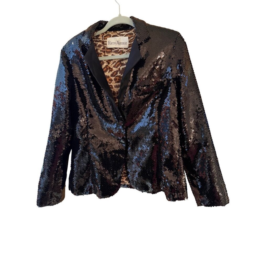 Ricco Antonio Womens Jacket Size Medium Shimmering  Black Sequin Lined Vintage